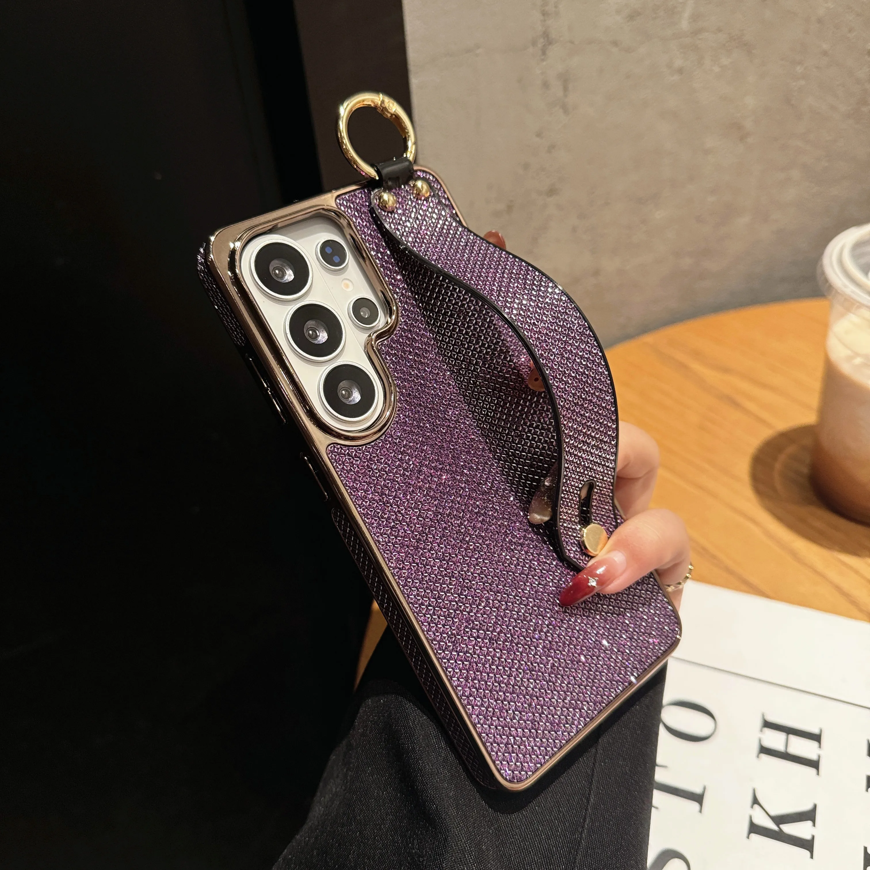 Sparkling Plating Wrist Strap Holder Case with Hand Bracket and Enhanced Camera Protection