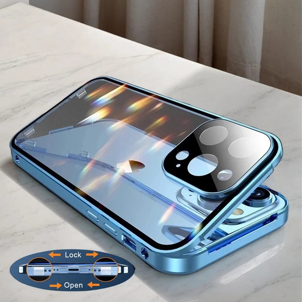 360° Double-Sided Magnetic Glass Phone Case with Lens Protection - Metal Design