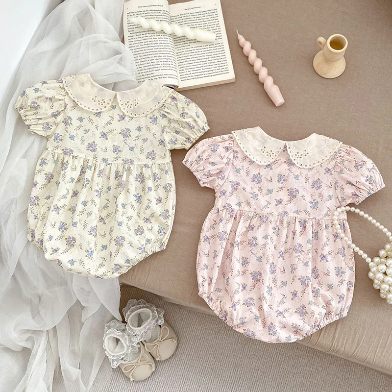 2024 New Summer Korean Style Climbing Suit Short Sleeved Cotton Print Toddler Baby Girls Jumpsuit 0-24M Baby Girl Clothing 3