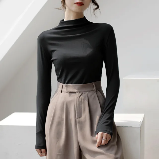 Spring Long Sleeve Turtleneck Tops Slim Knitted Bottoming T Shirt Korean Fashion Sweater Harajuku Pullover Women Clothing Jumper Black