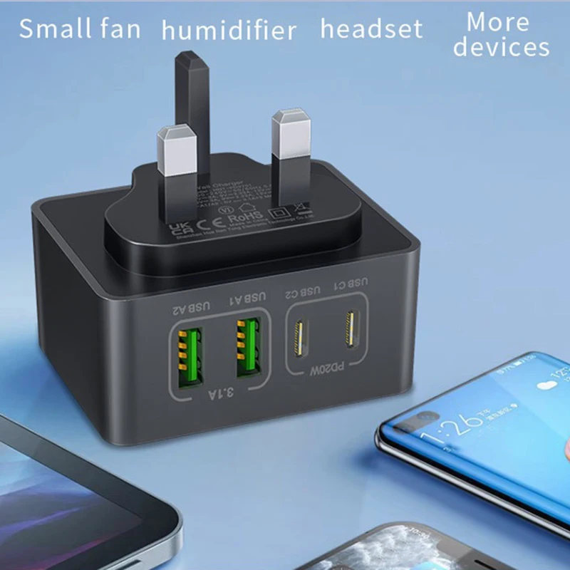 40W UK Plug 4-Port Fast USB-C+USB-A Charger Dual Port PD Power Adapter Wall Charger For iPhone 16 15 14 13 12 11 Pro Max 1pc, charger power adapter,charging adapter cable kit