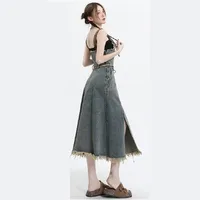 2026 Spring New Vintage Denim Skirt Matching Set Women's Elegant Loose Hollow Knitted Shirt+Sexy Split Dress Two Piece Suit - Image 5