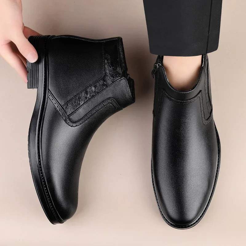 Shoes for Men 2023 Fashion Zipper Men's Boots Winter Round Toe Solid Plush Warm Short Barrel Chunky Heels Large Size Naked Boots