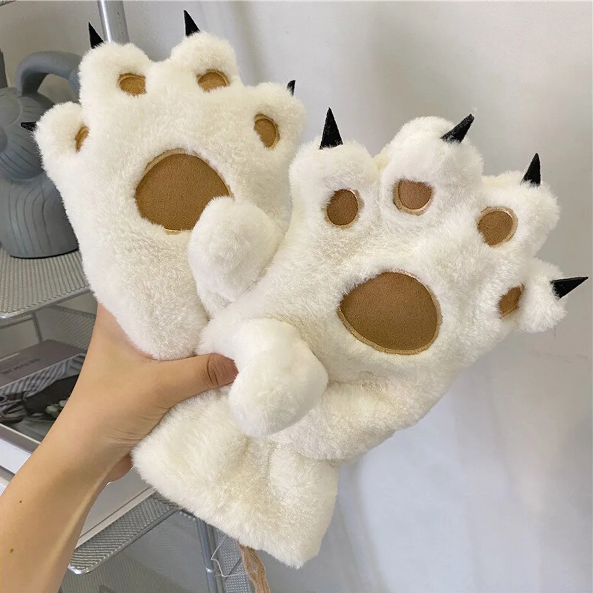 Women Animal Fluffy Cat Full Finger Keep Warm Bear Claw Gloves Mittens Plush Gloves Soft Winter Cartoon Lovely