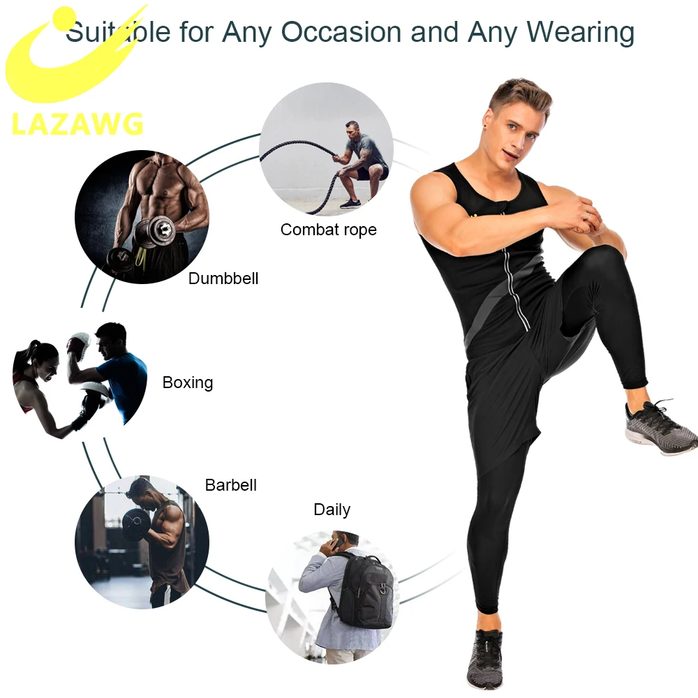 LAZAWG Sport Shirt + Pant Body Shaper Slimming Waist Trainer Men Tank Top Neoprene Sweat Sauna Vest Shapewear Fat Burn Corset