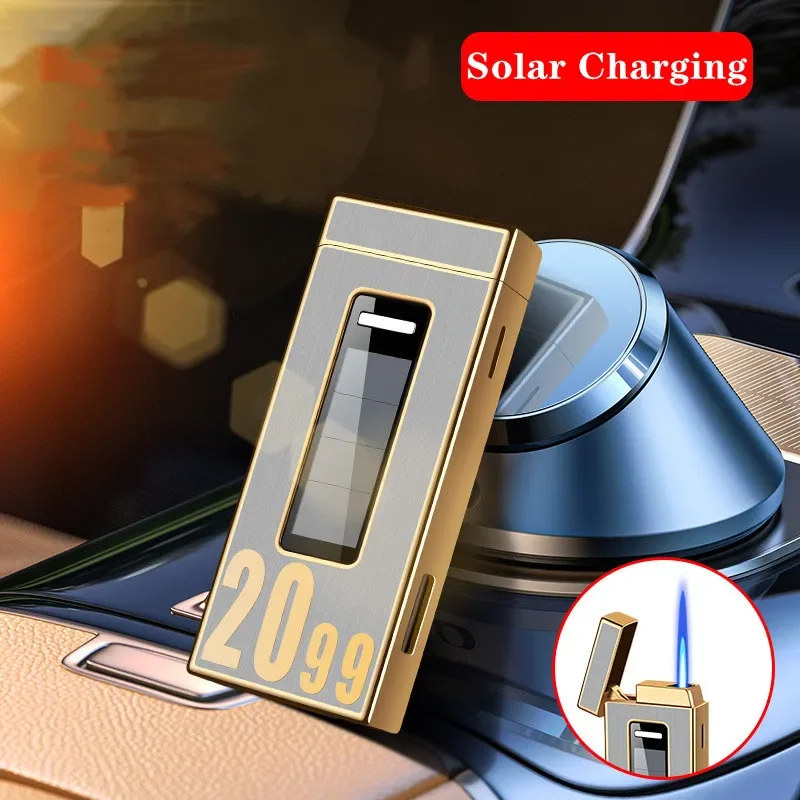 Touch Sensitive Solar Rechargeable Lighter Metal Outdoor Windproof Butane Gas Lighter Turbo Torch Blue Flame Jet Lighters 5