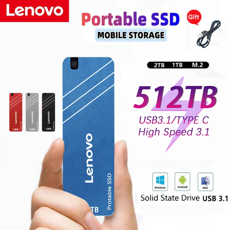 

Lenovo 2024 оригинальный высокоскоростной портативный SSD 512 ТБ внешний жесткий диск с интерфейсом USB 3,1 Type-C для ПК ноутбуков компьютеров