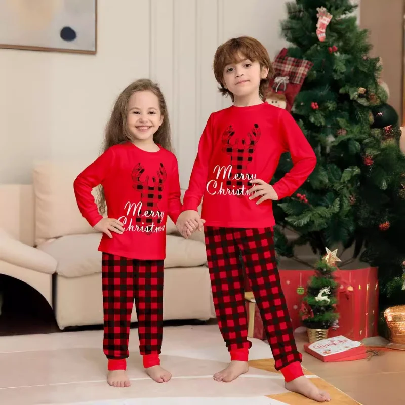 Merry Christmas Pajamas Set Fawn Plaid Print Mother Father Kids Matching Outfits Soft Cute 2pcs Suit Sleepwear Xmas Family Look 3