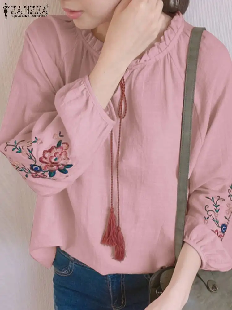 

Модная женская рубашка ZANZEA с длинными рукавами-фонариками, Повседневная Блузка с круглым вырезом, бандажные Блузы 2023, летний топ оверсайз с вышивкой для женщин