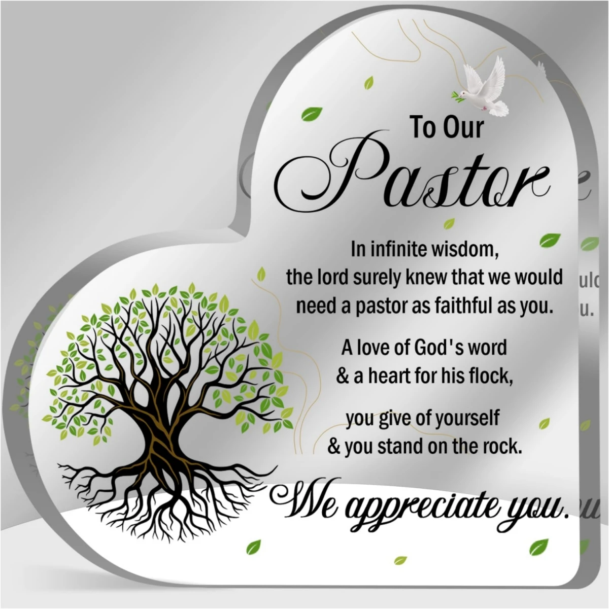 Pigeon Tree Leaf Print Acrylic Heart Plaque Pastor Appreciation Gift Religious Christian Present for Bedroom Keepsake Home Decor