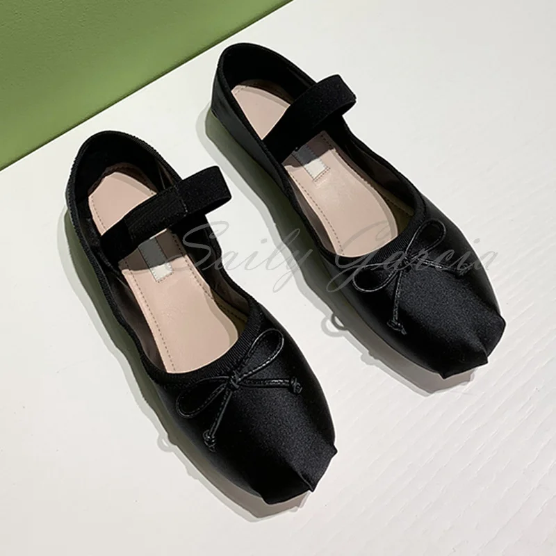 Bow Tie Flat Bottom Ballet Single Shoes Women's Pink Silk Round Toe Shallow Slip On Comfortable Solid Color Female Dress Shoes