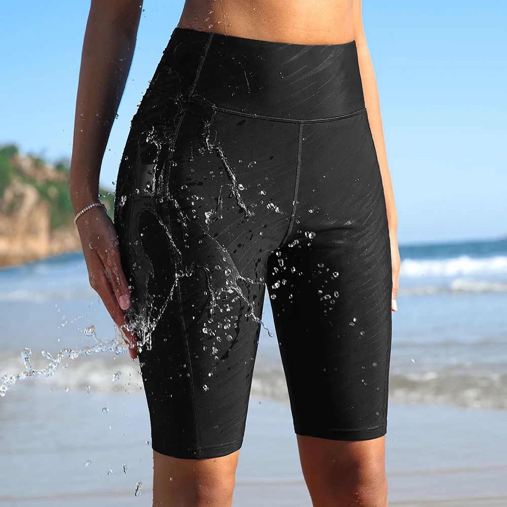 Anfilia Women Swimming Shorts Solid High Waist Waterproof Side Pockets Soft Front Lining Skinny High Stretchy Swim Trunks Swim Trunks Swim Shorts