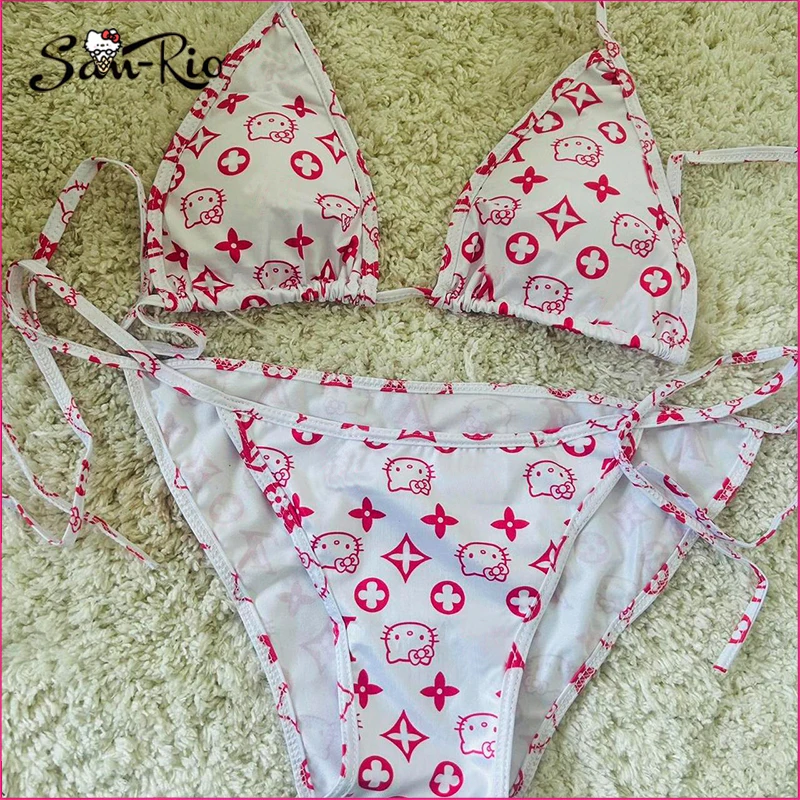 

New Hello Kitty Sexy Bandage Bikini Cartoon Sanrio Women Bikinis Set Pink Bra Brief Sets Beach Swimwear Summer Female Biquini