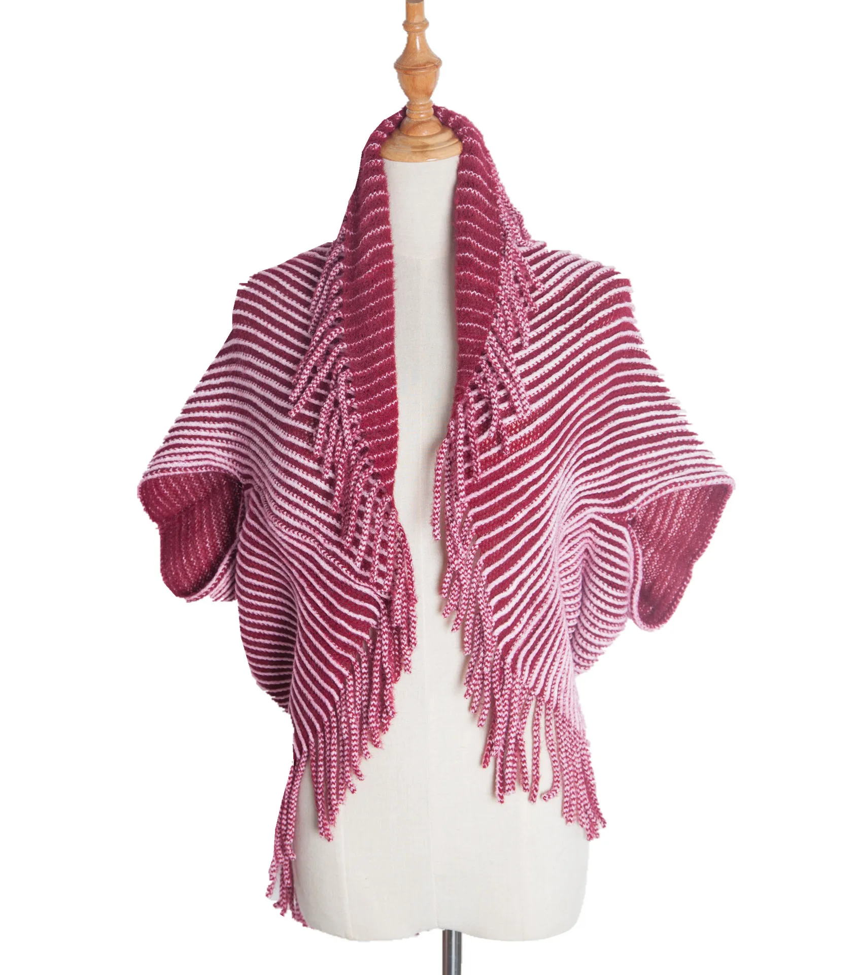 

New Spring Autumn Striped Knitted Cardigan Tassel Shawl Women Fashion Street Poncho Lady Capes Pink Cloaks