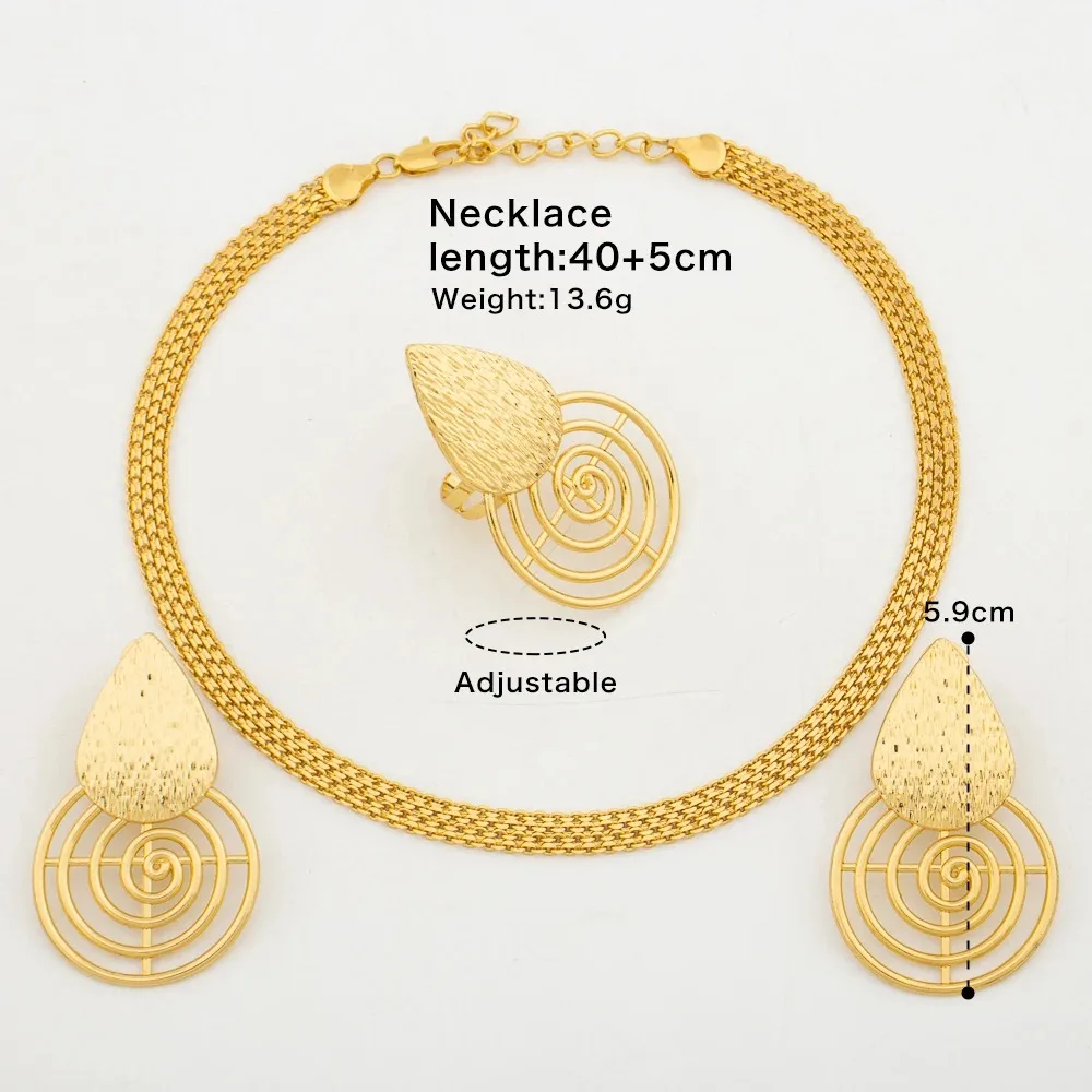 18 Karat Goldfarbenes Hochzeits-Party-Schmuckset mit Ohrringen, Halskette, Ring, Schmuckset, Verlobungsfeier, unregelmäßiges Design