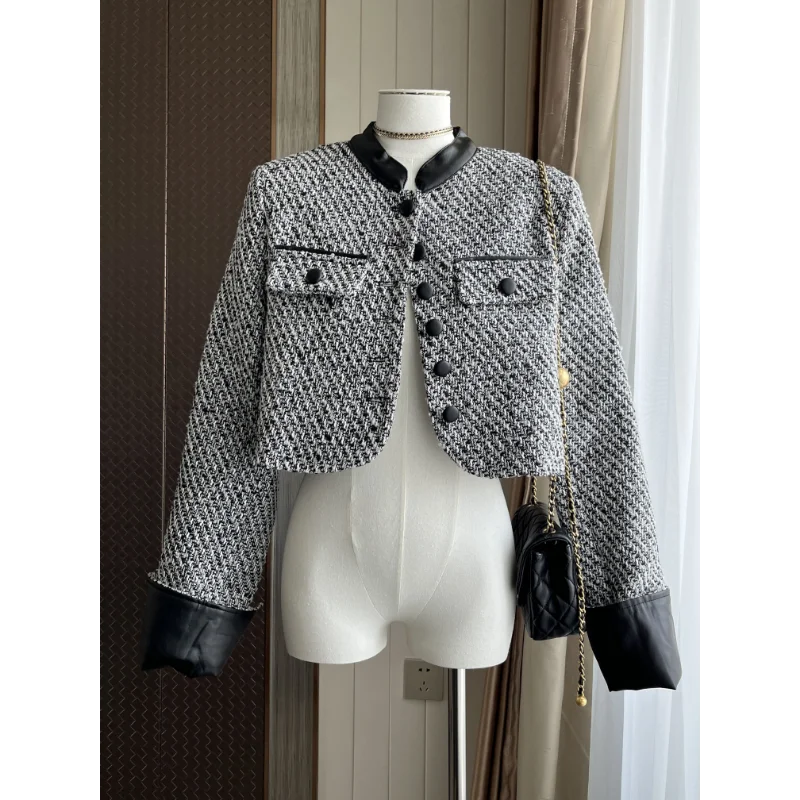 Leather Stitching Tweed Small Fragrance Short Coat Female Vintage Stand Collar Long Sleeve Fashion Basic French Jacket Women