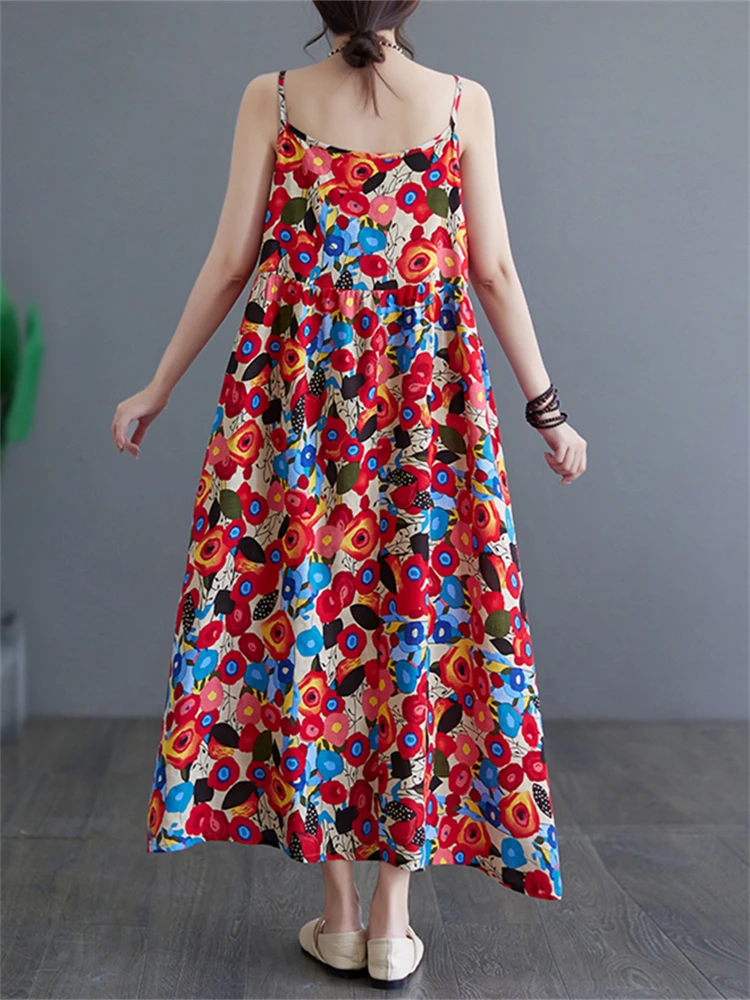 Cotton Sleeveless Spaghetti Strap Print Vintage Long Dresses For Women 2025 Summer Casual Thin Breathable Dress Femme Clothing