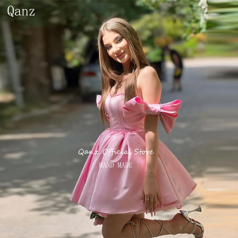 Qanz Pink Bow Prom Dress Sweetheart Collar Princess Satin