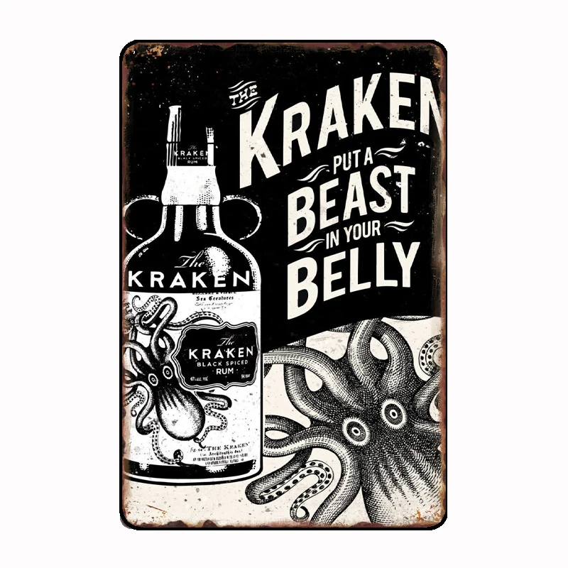 Kraken Rum Spiced Vintage Metal Tin Signs Vintage Retro Pub Home Bar Man Cave Garage Shed Beer Sign