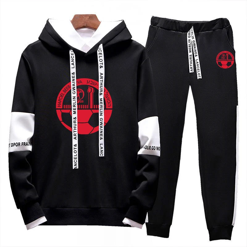 2023 Spring Autumn HAPOEL BEER SHEVA Logo Print Splicing Sleeve Hooded Sports Frenulum Hoodies+Jogging Drawstring Sweatpants Set