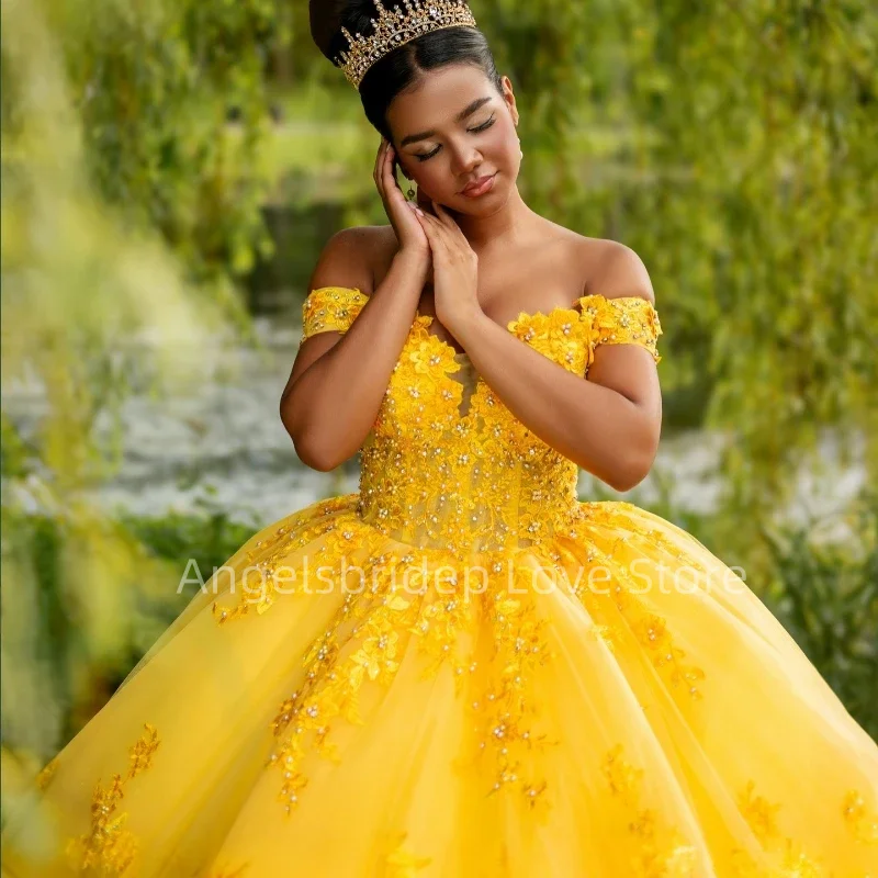 Angelsbride Shiny Yellow Ball Gown Quinceanera Dresses Appliques Evening Beading Dress Vestido De 15 Quincea&ntilde;era