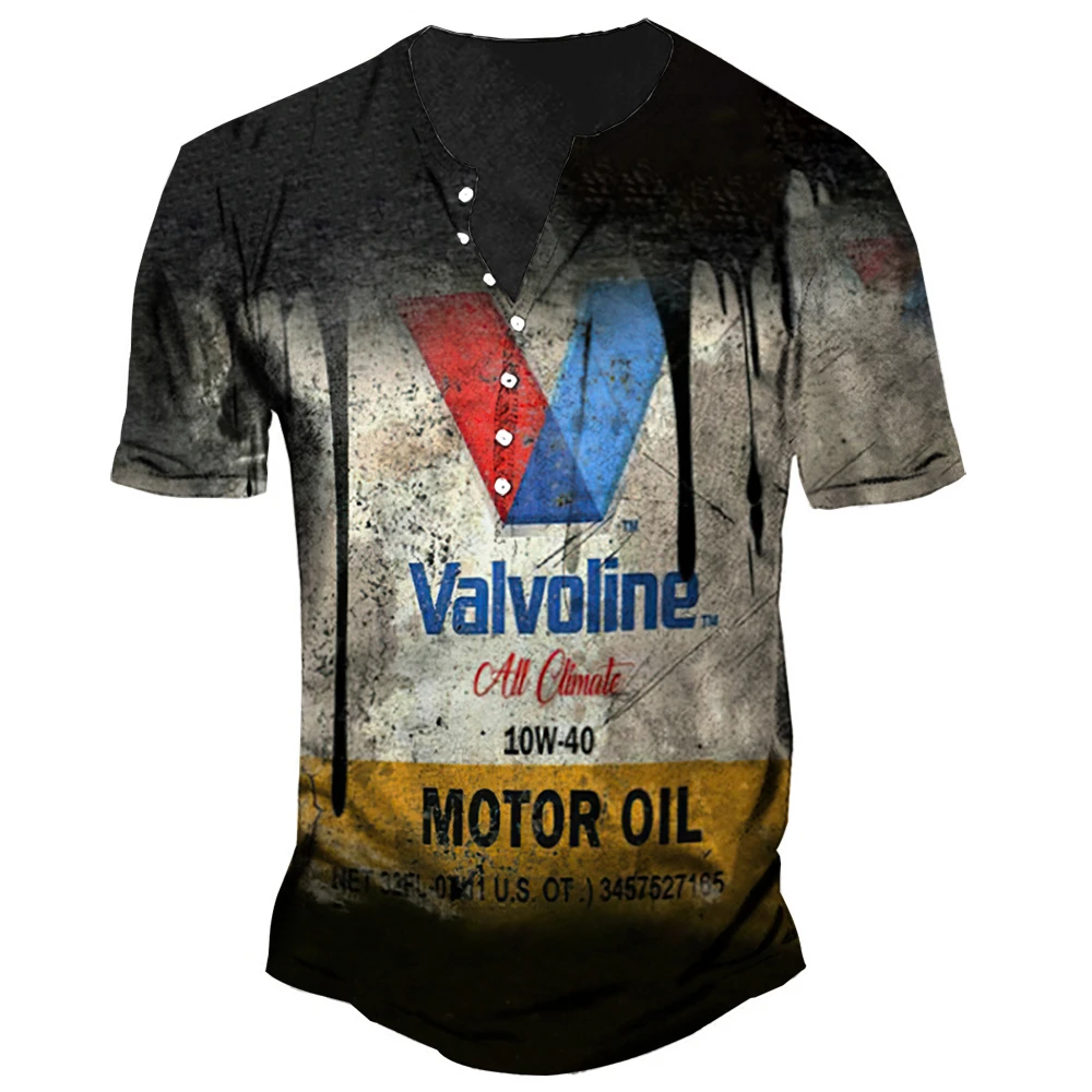 Vintage Cotton Men's T Shirt Print Button Short Sleeve T Shirts For Male Oversized Tops V Neck