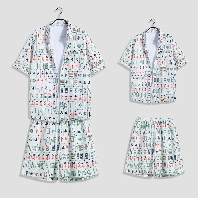 Daily Men Sets Short Sleeve Hawaiian Shirt And Shorts Chinese Mahjong Printing Casual Shirts Beach Two Pieces Suit Fashion Wear