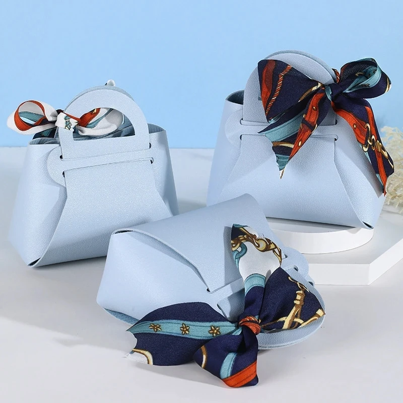 Gift Bags Bow Ribbon Leather Mini Handbag Candy Packaging Box 5pcs