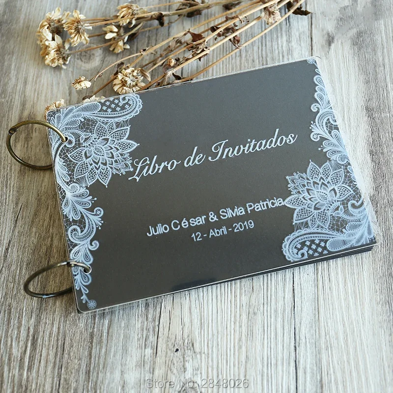 Engraved lace with names wedding guestbook,clear acrylic Wedding Mr&Mrs guest book, personalised sign in album