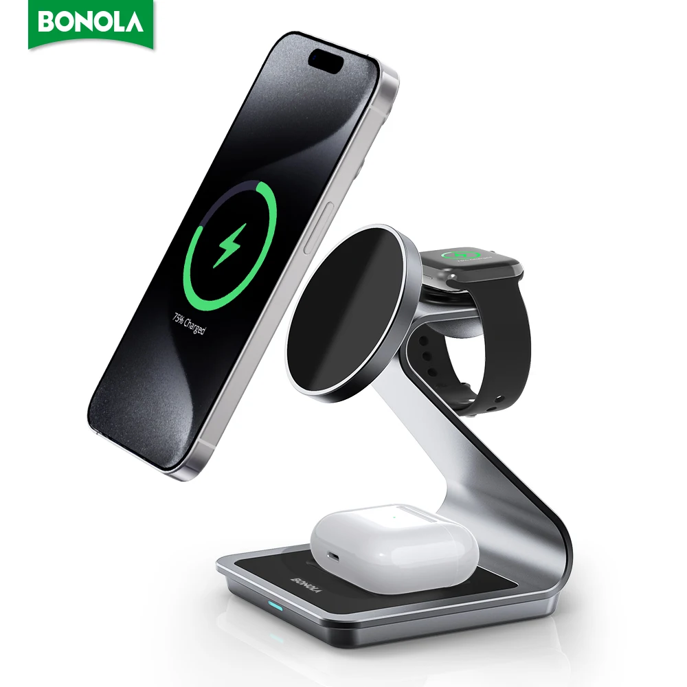 Bonola Metal 3 in 1 Magnetic Charger Stand for iPhone 15 Pro Max/14/13/Apple Watch Magnetic Wireless Charger Station for AirPods