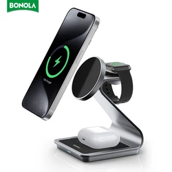Bonola Metal 3 in 1 Magnetic Charger Stand for iPhone 15 Pro Max/14/13/Apple Watch Magnetic Wireless Charger Station for AirPods