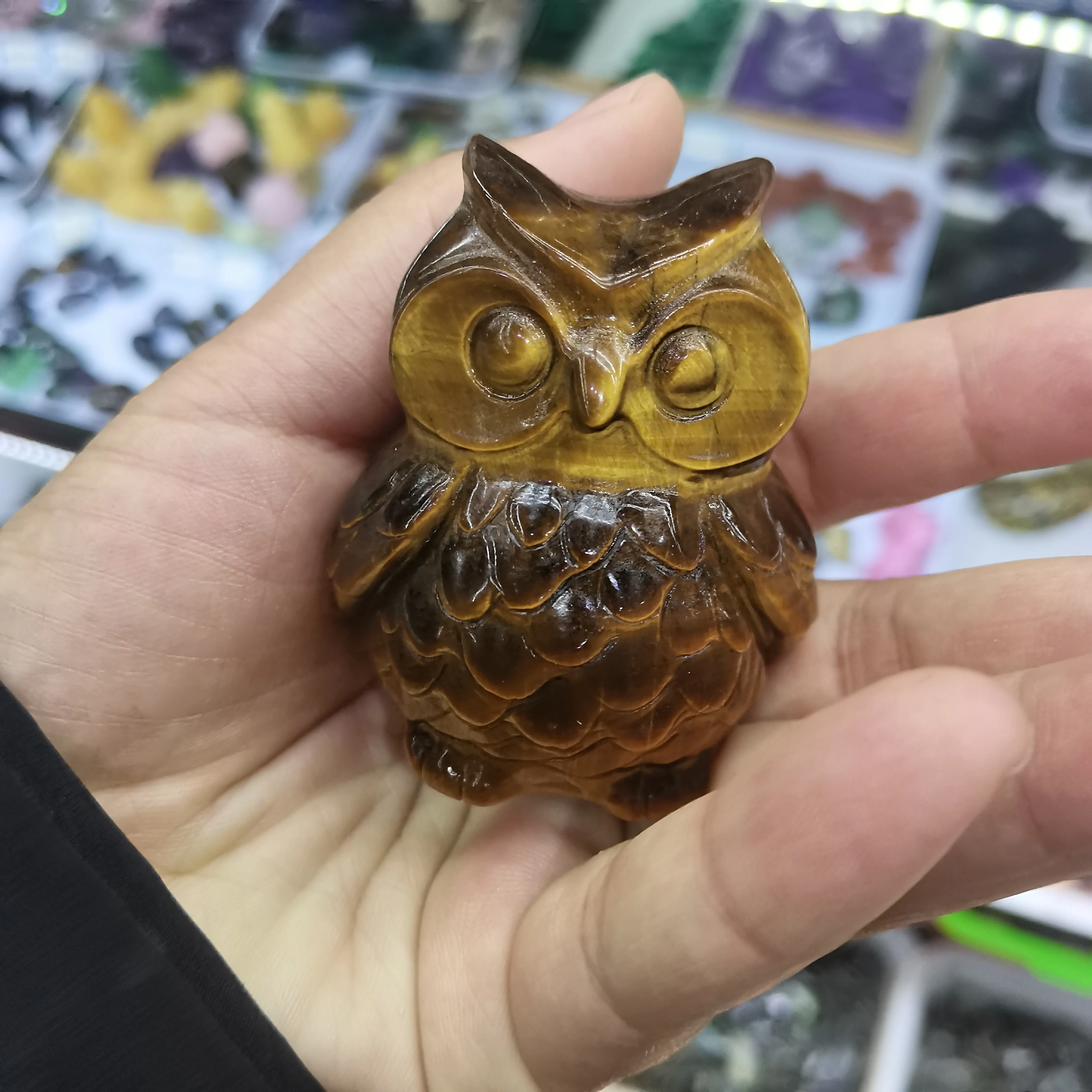 

60mm Natural Tiger Eye Stone Owl Carving Handmade Carved Cute Animal Powerful Statue for Home Decoration Gift 1pcs