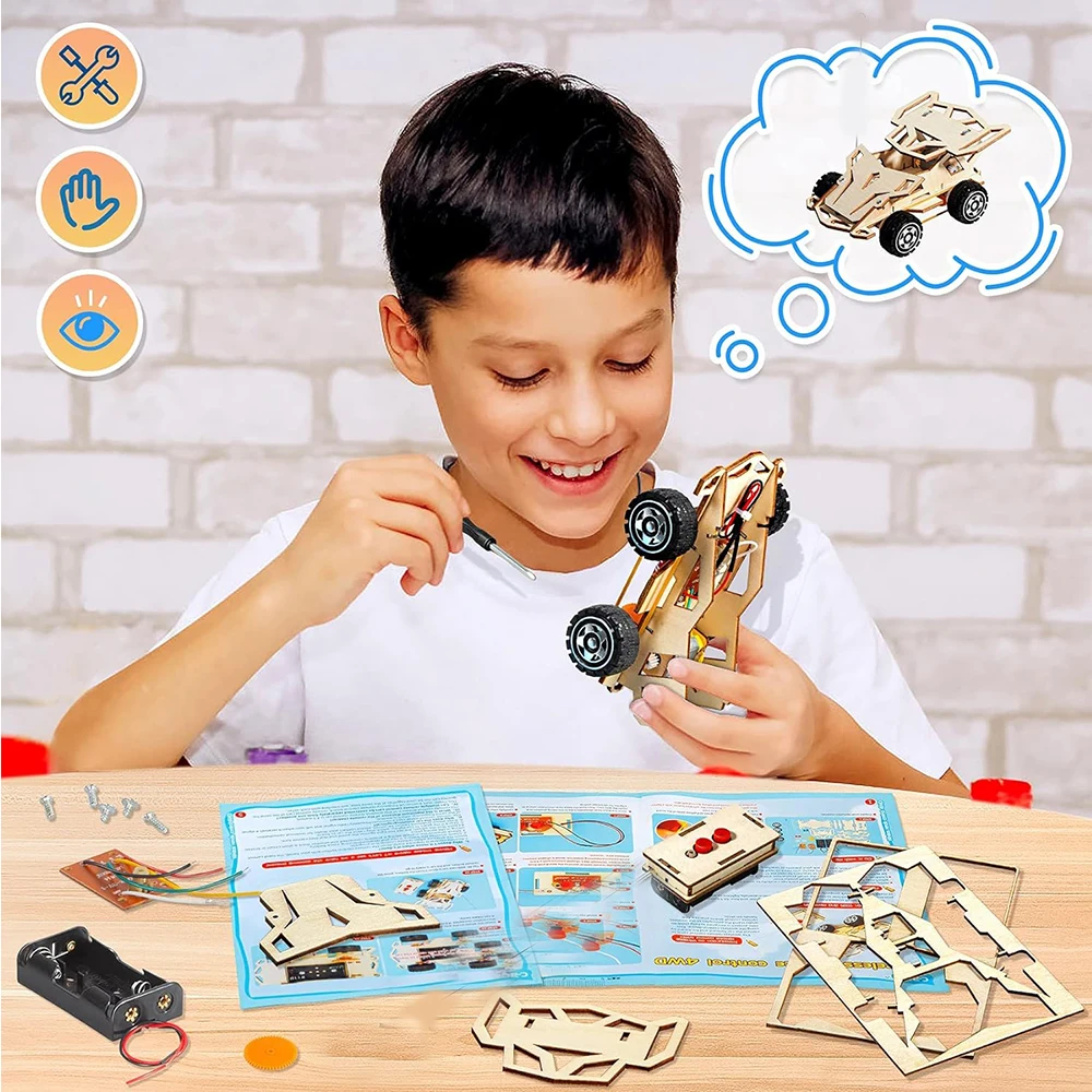 Auto telecomandata in legno Assemblaggio fai-da-te Auto da corsa STEM Giocattoli educativi Kit di esperimenti scientifici scolastici per bambini Regali per adolescenti - immagine 4