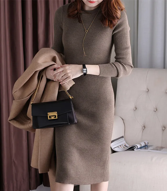 

Women's Knit Long Sleeved Dress Korean Fashion Slimming Solid Mid Length A-line Dresses For Women Clothing