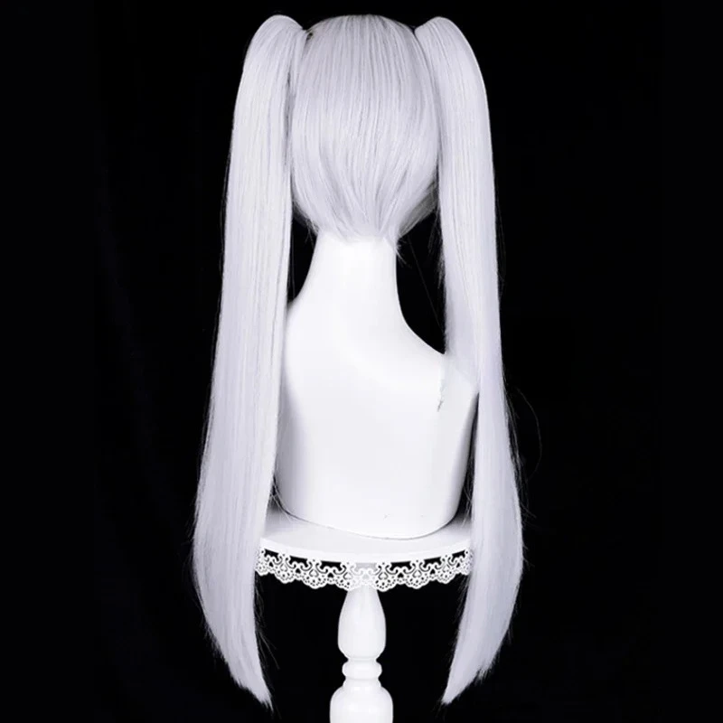 애니메이션 코스프레 가발 68cm 실버 화이트 두 개의 포니테일 내열성 합성 머리 + 가발 모자