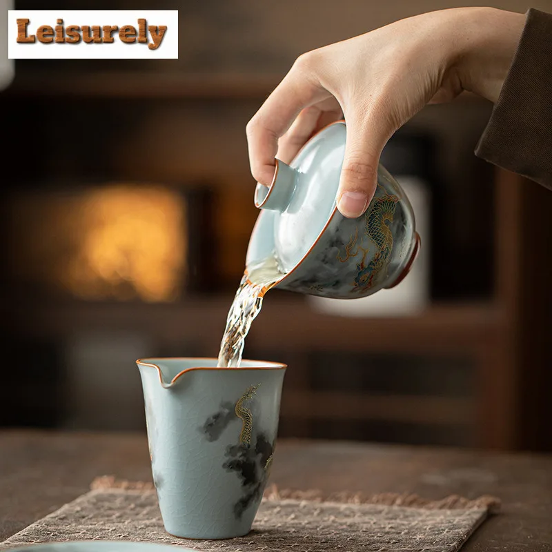 Ru Kiln Auspicious Dragon Gaiwan Traditional Tea Tureen Tea Bowl With Lid Kit Tea Maker Cover Bowl Chinese Tea Set Collection