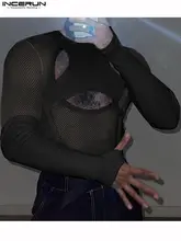 

Casual Well Fitting New Men Long-sleeved Camiseta Fashion Male Hollow See-though Grid Stitching T-shirts S-5XL INCERUN Tops 2022