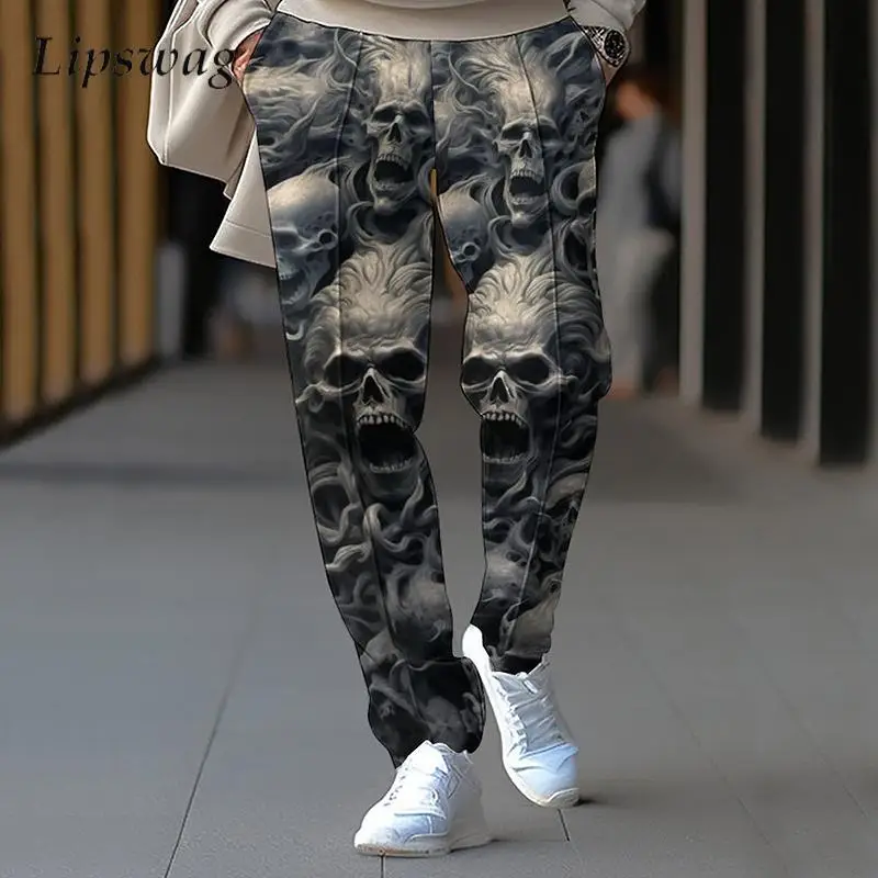 

Брюки мужские с принтом черепа, Модные Винтажные Свободные повседневные штаны на шнуровке, уличная одежда, весна-осень 2024