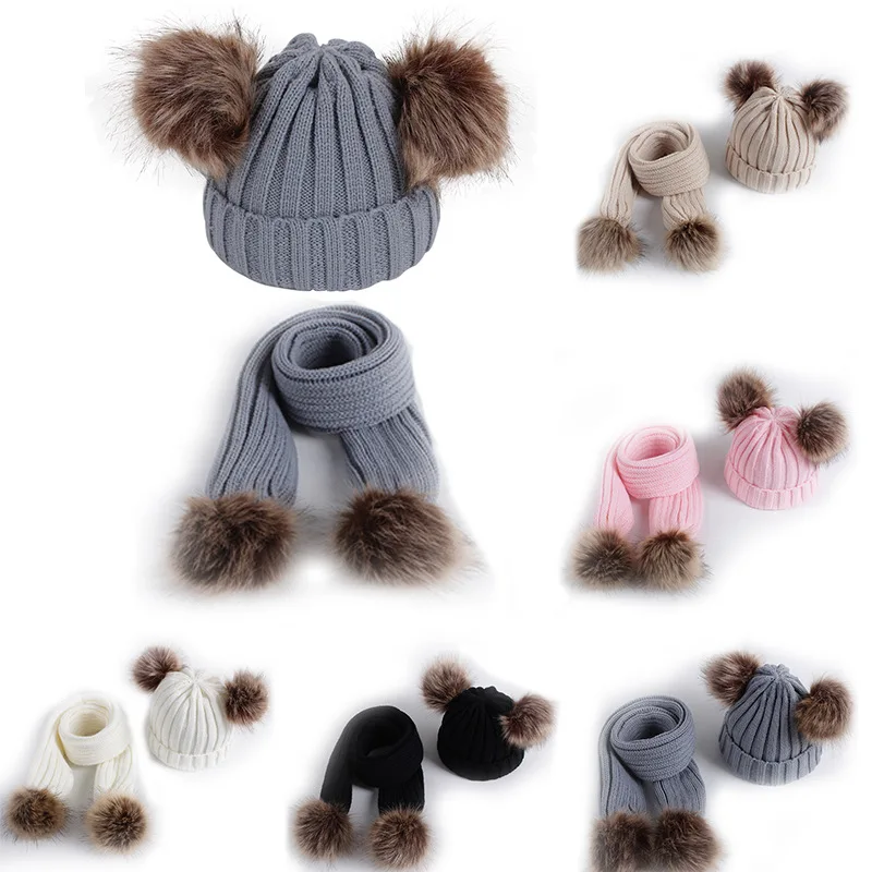 

2023 Cute Pom Pom Knitted Baby Hat Scarf Winter Warm Children's Hat Scarf Elastic Warmn Double Ball Baby Hat Scarves
