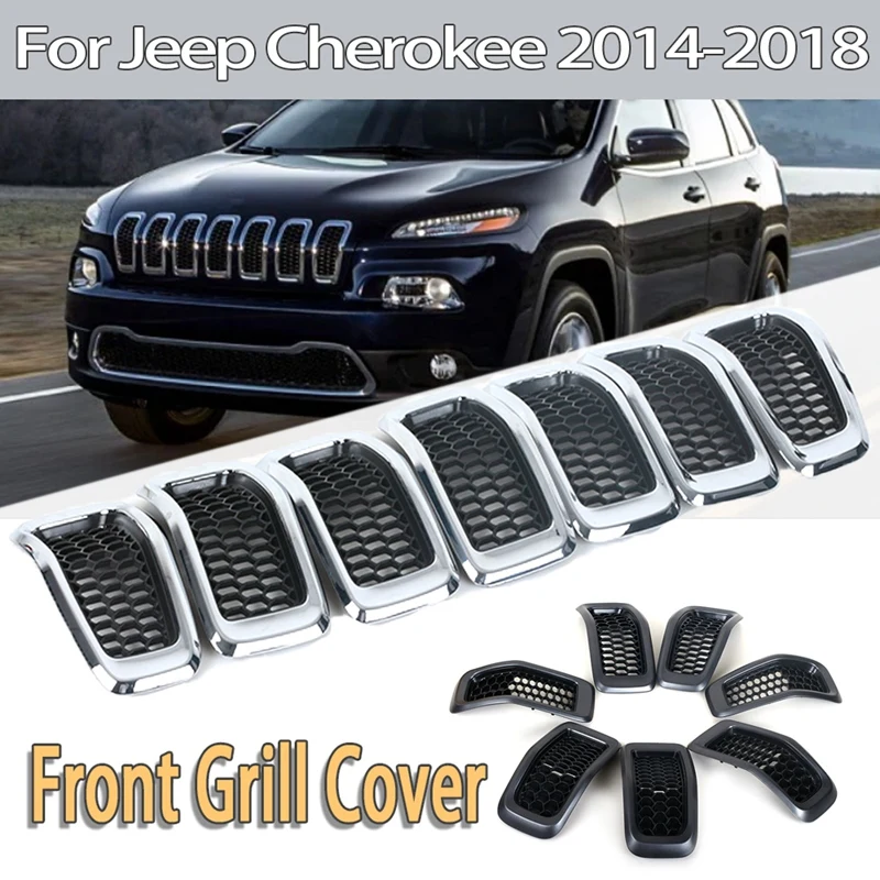 

7Pcs Chrome Mesh Honeycomb Front Grill Inserts Grille Rings Trim For Jeep Cherokee 2014-2018