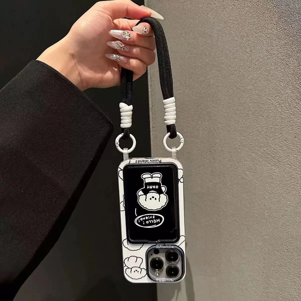 Kartentasche, transparente schwarz-weiße Hunde-Handyhülle mit Aufhängeseil, für iPhone 11, 12, 13, 14, 15, 16 Pro max
