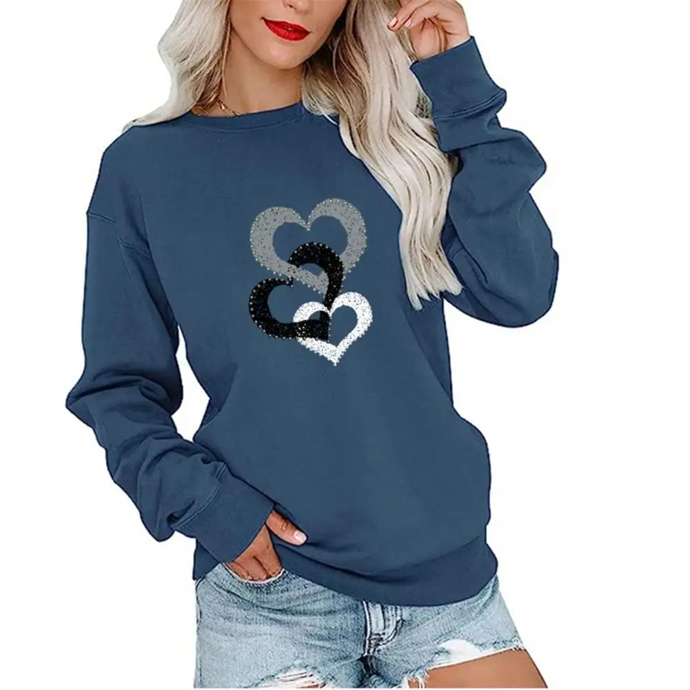 

Heart Print Top Heart Pattern Long Sleeve Women's T-shirt Loose Fit Mid Length Round Neck Pullover Sweatshirt for Spring Fall