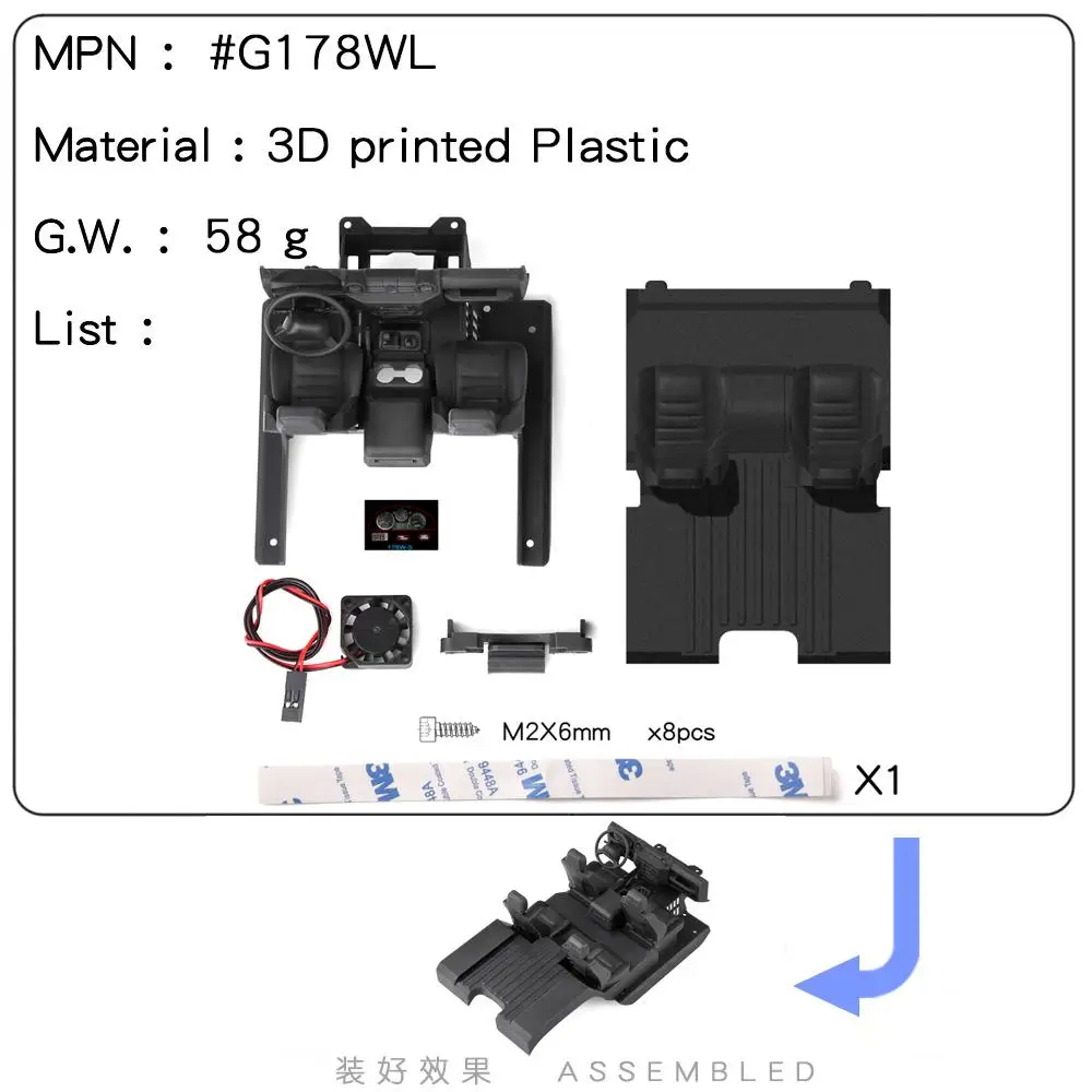 Decoración Interior Para Coche RC TRX4M Defender 1/18 - Incluye Salpicadero, Asiento Y Volante, Color Negro, Plástico