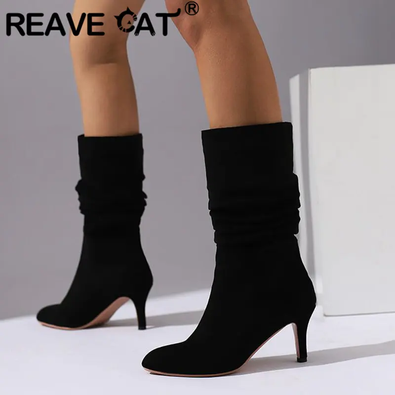 

REAVE CAT Females Slouchy Pleated Boots Pointed Toe Small Heels 7.5cm Flock Suede Slip On Large Size 42 43 Elegant Dating Booty