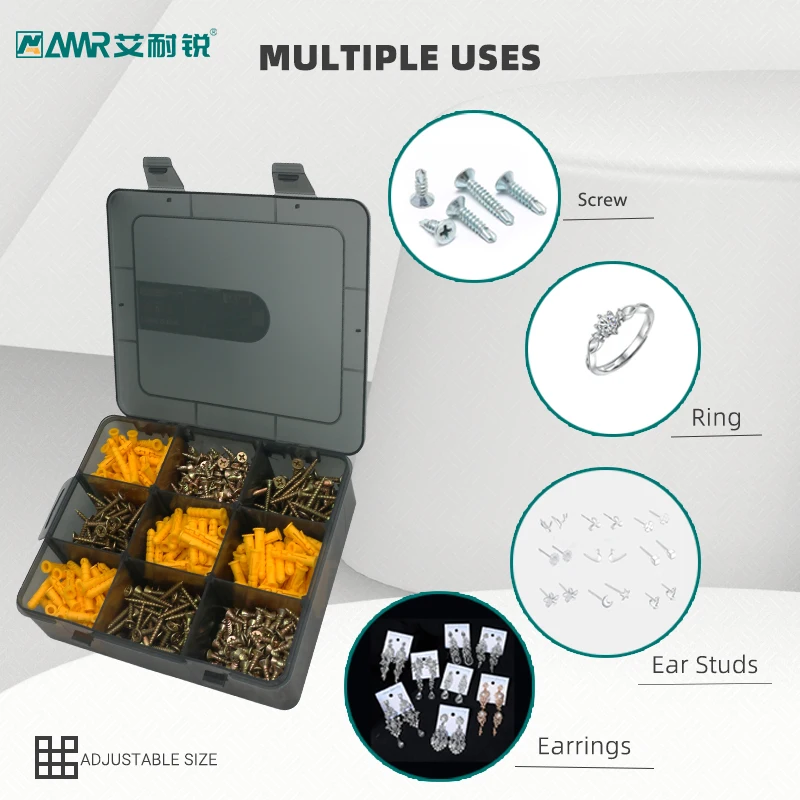 Organizer Box for Earrings ,Ring,Screw Storage, Black Clear Plastic Box  with 10 Small Removable Compartment Tray