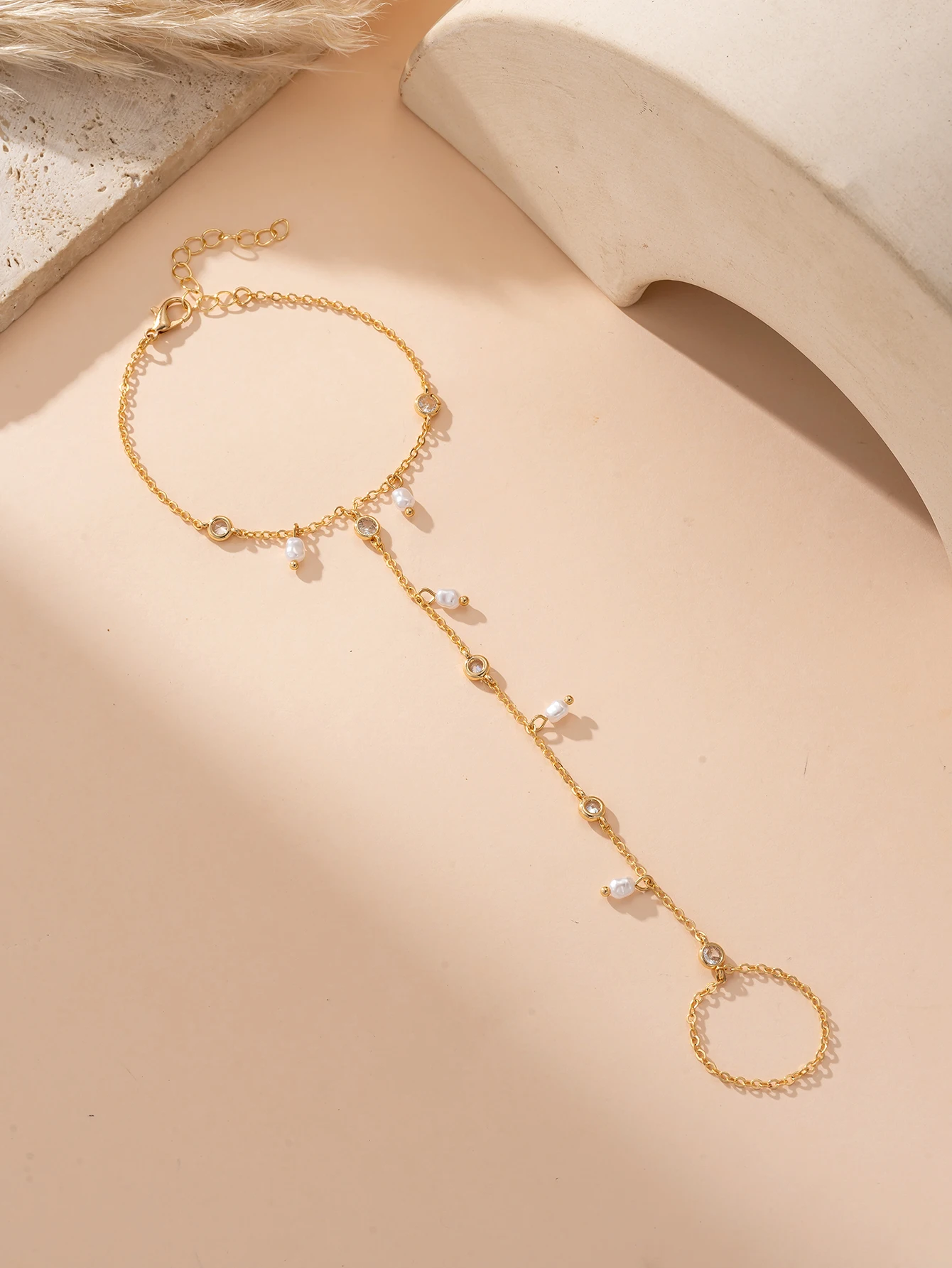 Mini Imitation Pearl Charm Finger Linked Bracelet