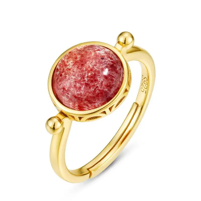 

Natural Strawberry Quartz Ring S925 Sterling Silver 10k Gold Plated Strawberry Crystals Rings Adjustable Women Gemstone Jewelry
