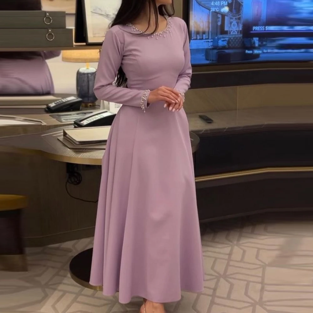 

Модные атласные платья с круглым вырезом, а-силуэта, украшенные бисером, для торжественных случаев, выпускного вечера, женское вечернее платье длиной до щиколотки