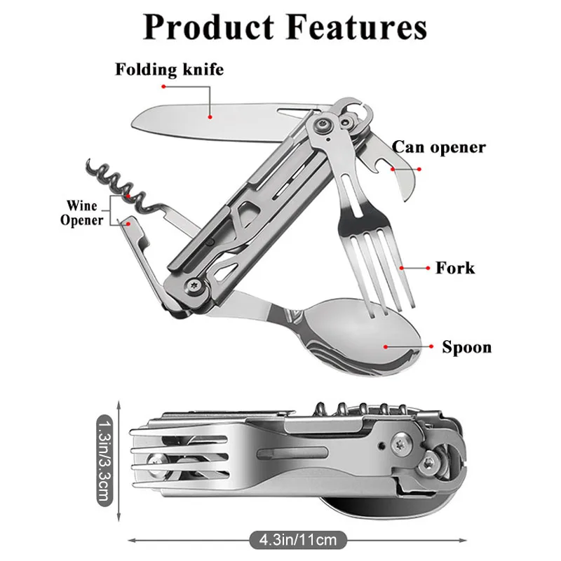 Folding Cutlery Stainless Multifunction Pocket Knife Portable Camping Multitool Outdoor Cutter Fork Spoon Corkscrew Tableware images - 6