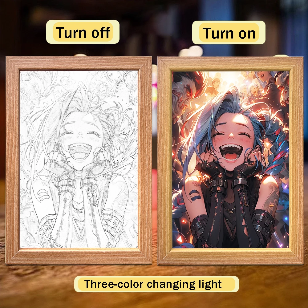 LED Illuminated Anime Frame featuring League of Legends' Jinx – Unique Bedroom Decor & Perfect Gift